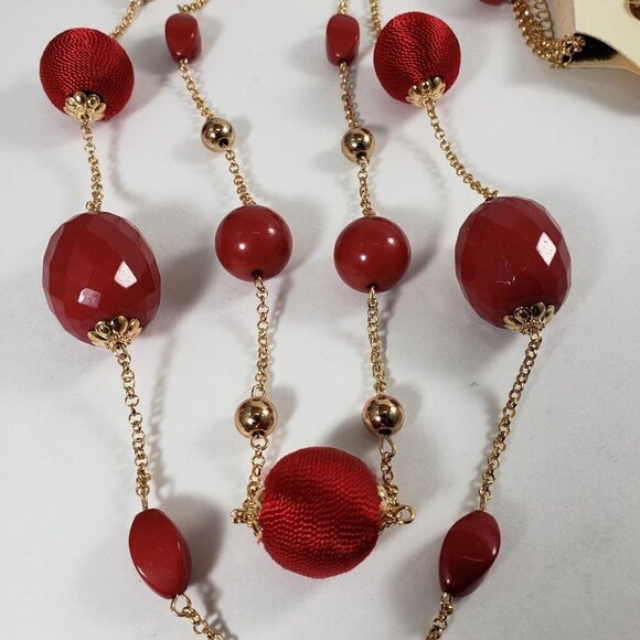 Gold tone Multi Strand Red beaded Necklace With Matching Earrings - Picture 3 of 8